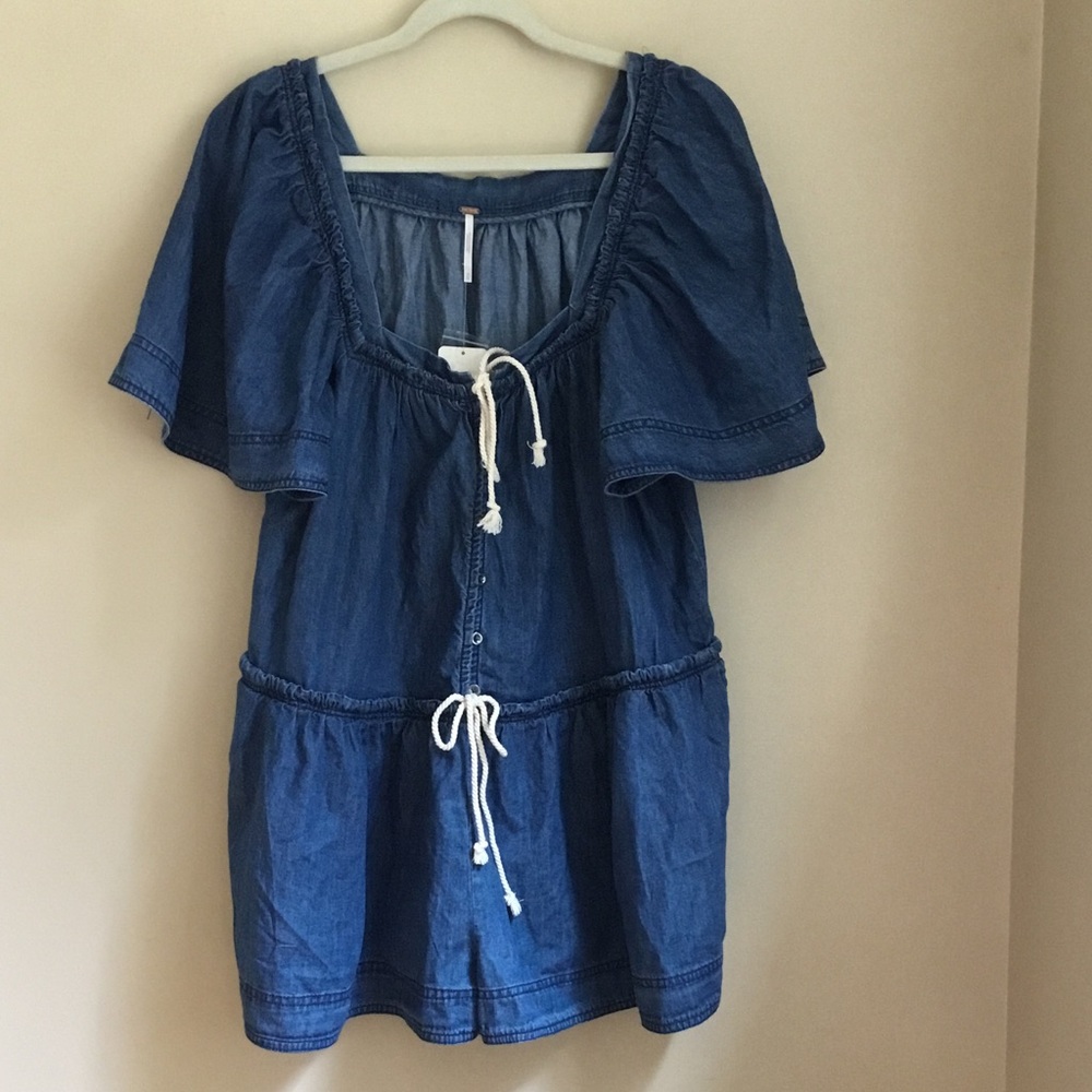 Free People Dark Wash County Line Romper - Picture 2 of 12